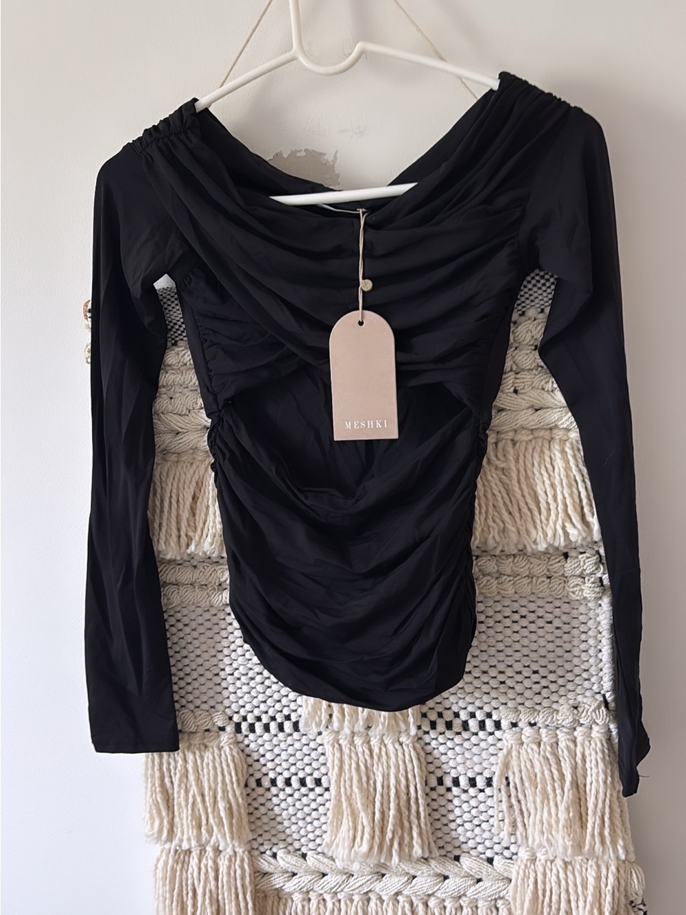 NWT Meshki Jaden Off Shoulder Recycled Nylon Top Black Small - Picture 3 of 6